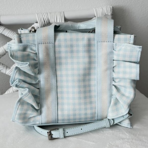 Betsey Johnson Luv Betsey Light Blue Gingham Ruffle Shoulder Bag Heart Sharm NWT - Picture 4 of 16